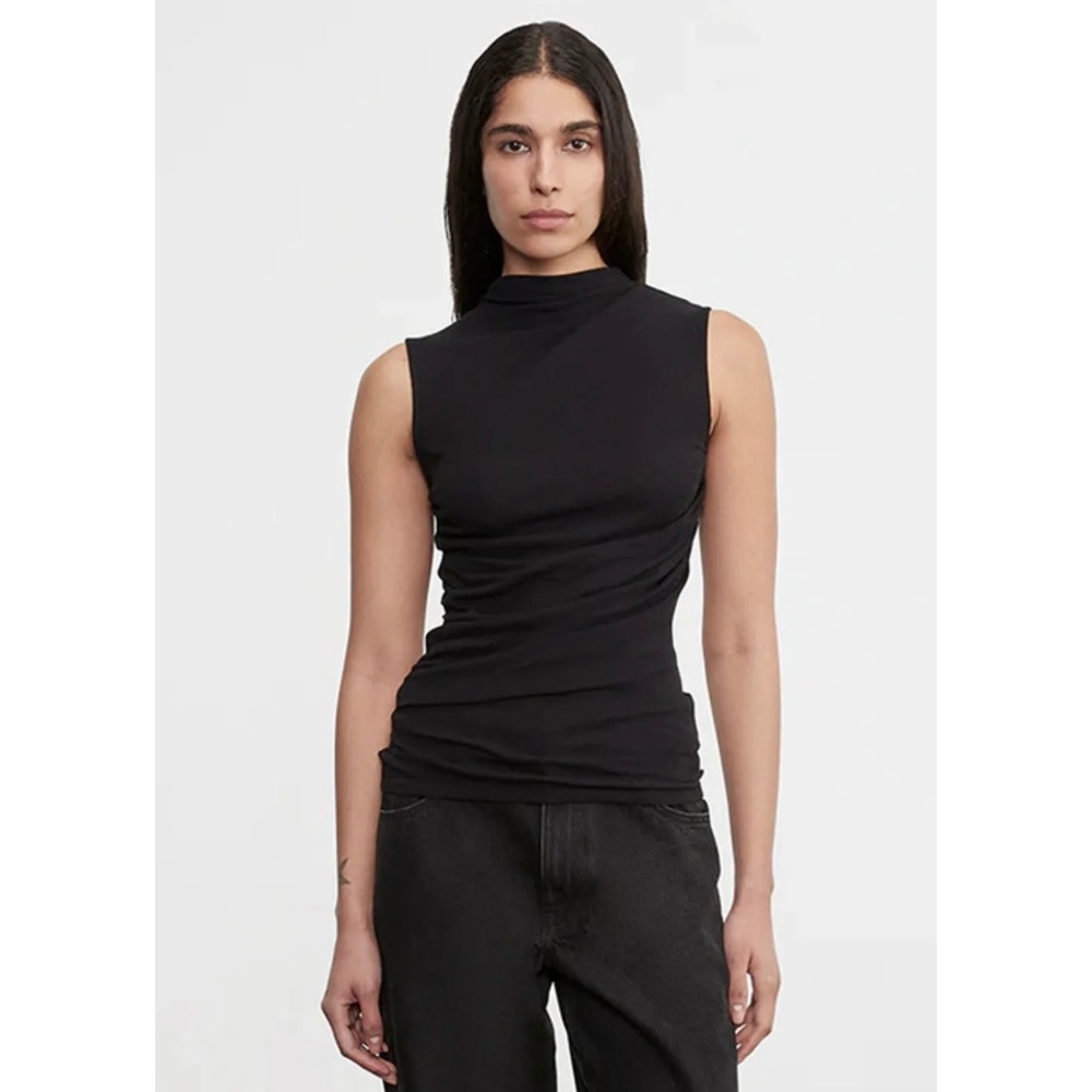 ENZA COSTA Sleeveless Twist Top Women Large Black Mock Neck Draped Cashmere NEW